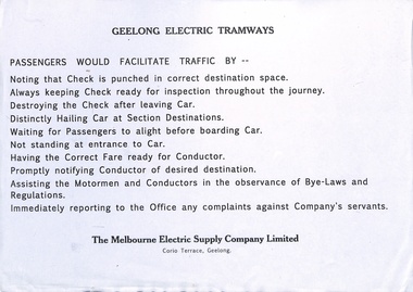 Geelong Tramways passengers would facilitate traffic by: