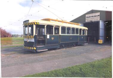 Photograph - Photograph - coloured, Tram No.13: Tram outside shed at Tram Museum