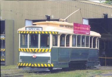 Photograph - Photograph - coloured, Tram No.14: Outside the sheds at Ballarat Tramway Museum