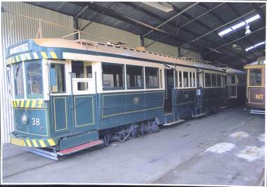Photograph - Photograph - coloured, Tram No. 38- Maximum Traction truck bogie (eight wheels), drop end and centre combination, modified for one man operation