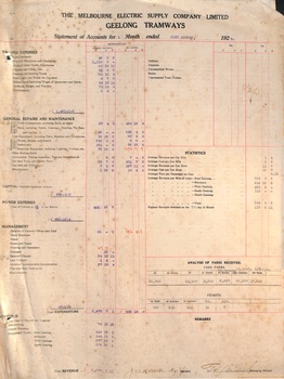 Geelong Tramways 1 month - Statement - August 1926