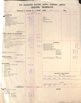 Geelong Tramways 1 month - Statement - July 1926