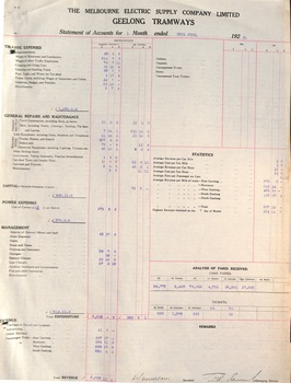 Geelong Tramways 1 month - Statement - June 1926