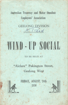 Invitation for the Australian Tramway and Motor Omnibus Employees' Association, Geelong Division, "Wind-Up Social" to be held at "Alclare", Pakington Street, Geelong West, on Friday, August 24th, 1956. Features a handwritten inscription "K. Road".