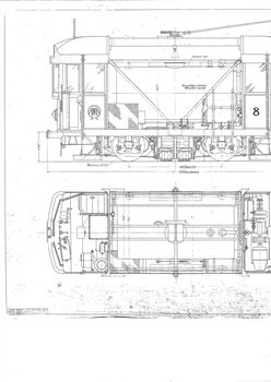 Blueprint showing side, front, and top views of a track cleaner and scrubber car, labeled "TRACK CLEANER & SCRUBBER CAR NO. 8".