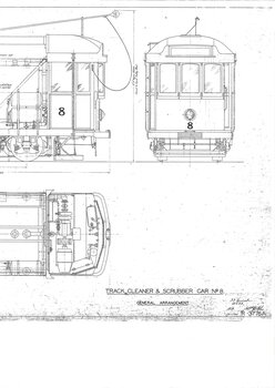 Blueprint showing side, front, and top views of a track cleaner and scrubber car, labeled "TRACK CLEANER & SCRUBBER CAR NO. 8".