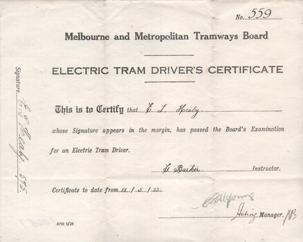 "Electric Tram Driver's Certificate" - No. 559