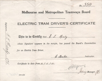 "Electric Tram Driver's Certificate" - No. 559