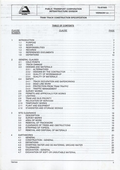 "Tram Track Construction Specification" - contents page 1
