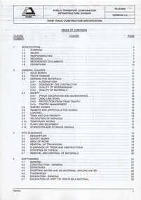 "Tram Track Construction Specification" - contents page 1