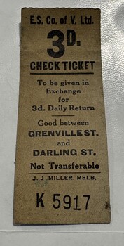 E.S. Co. of V. Ltd. 3D CHECK TICKET, to be given in exchange for 3d. Daily Return. Good between Grenville St. and Darling St. Not Transferable. K 5917.
