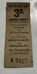 E.S. Co. of V. Ltd. 3D CHECK TICKET, to be given in exchange for 3d. Daily Return. Good between Grenville St. and Darling St. Not Transferable. K 5917.