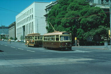 Two vintage brown and tan trams on a city street with a large modern building on the left and lush green trees on the right.