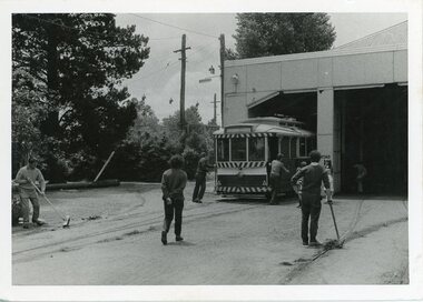Photograph - Ballarat Tram 14, Shunting Tram 14 by hand and Landrover, December 1971