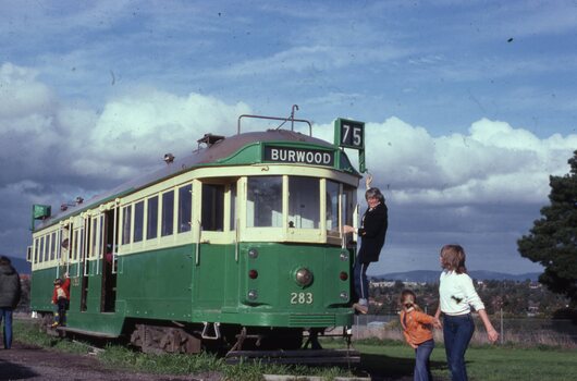 A green and cream vintage tram labeled "BURWOOD 283" stands on tracks under a cloudy sky, with a person hanging from the exterior near the front.