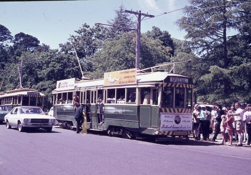 A line of green trams with open windows and passengers inside are parked on a street, with a crowd of people standing on the footpath watching an opening ceremony and tram breaking a yellow banner. A white car is driving past the trams.