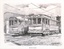 A pencil sketch shows two vintage trams, number 27 and number 40, parked side-by-side on tracks under overhead wires. The trams are detailed with striped awnings and signs indicating "Depot" and "Twin Lakes."