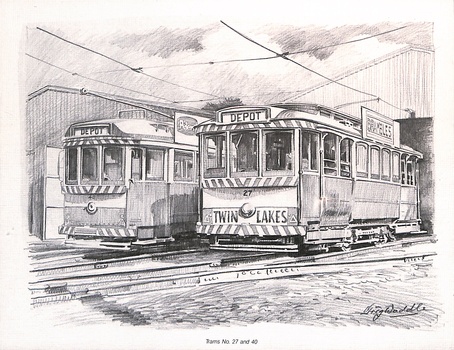 A pencil sketch shows two vintage trams, number 27 and number 40, parked side-by-side on tracks under overhead wires. The trams are detailed with striped awnings and signs indicating "Depot" and "Twin Lakes."