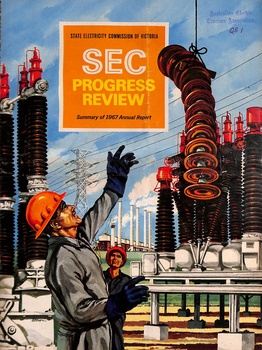 Cover of "SEC Progress Review: Summary of 1967 Annual Report" featuring a worker in an orange hard hat and blue gloves reaching towards massive electrical insulators and a power plant with smokestacks in the background.