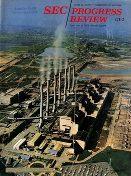 Aerial view of a large power station with multiple tall smokestacks emitting plumes of smoke, covering the "SEC Progress Review Summary of 1968 Annual Report" text.