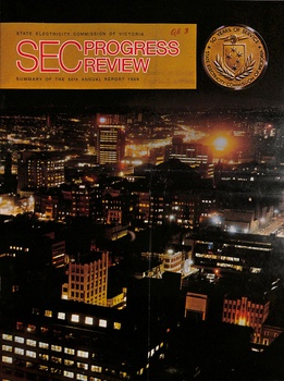 A golden banner across the top displays "STATE ELECTRICITY COMMISSION OF VICTORIA SEC PROGRESS REVIEW SUMMARY OF THE 50th ANNUAL REPORT 1969" in red and white text. To the right of the banner is a circular medal featuring a raised hand, stars, and laurel wreath. Below the banner and medal is an aerial nighttime view of a sprawling city illuminated by countless lights from buildings and streetlights.