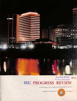 Cover of an annual report titled "SEC PROGRESS REVIEW SUMMARY OF ANNUAL REPORT/1970" with a nighttime cityscape featuring illuminated buildings reflecting in water.
