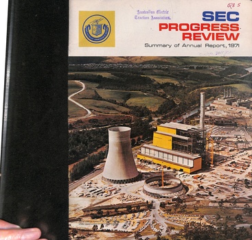 Aerial view of the SEC Yallourn W. Power Station under construction in the Latrobe Valley, the cover of the 1971 SEC Progress Review Summary of Annual Report.