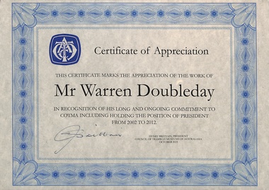 Certificate - COTMA Certificate of Appreciation, COTMA, Oct. 2023