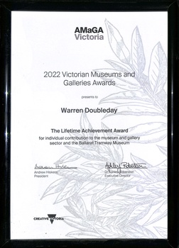 Framed certificate issued to Warren Doubleday 2022