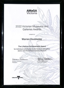 Framed certificate issued to Warren Doubleday 2022
