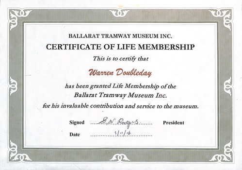 Printed certificate of Life Membership issued to Warren Doubleday in 2016