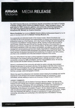 AMaGA Victoria Media Release about the 2022 Victorian Museums and Galleries Awards presentation recognizing a volunteer's 50 years of work with the Ballarat Tramway Museum, Inc.