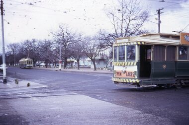Photograph - Ballarat Tram 17, Hospital corner with Tram 17 running into Drummond Street North, 11 August 1971