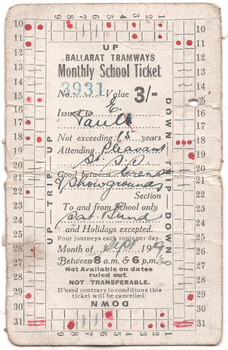 Antique Ballarat Tramways monthly school ticket, serial number 3931, valued at 3 shillings, issued to a person named "Paull" attending "Pleasant Street" and traveling between "Showgrounds" and "Green St?," valid for school days from 8 am to 6 pm, with red marks indicating usage.