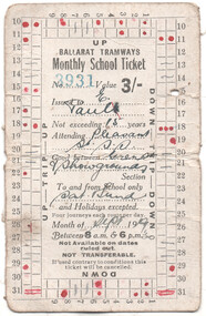 Antique Ballarat Tramways monthly school ticket, serial number 3931, valued at 3 shillings, issued to a person named "Paull" attending "Pleasant Street" and traveling between "Showgrounds" and "Green St?," valid for school days from 8 am to 6 pm, with red marks indicating usage.