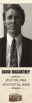 Black and white portrait of a man wearing a suit and tie, with his name and birth and death dates below, followed by an illustration of a vintage tram car.