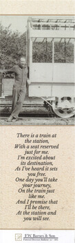 Black and white photograph of a man in overalls leaning against a train carriage. Below the image is a poem about a train journey and a funeral director's logo.