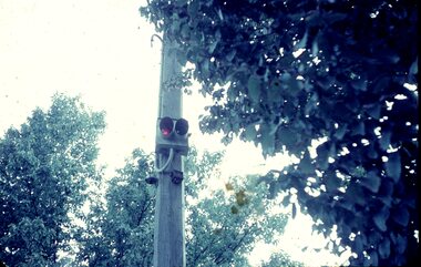 A wooden utility or power pole with a tramway signal light attached showing a red light.