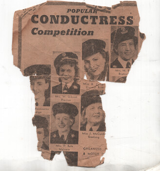 Newspaper clipping featuring a "Popular Conductress Competition" with multiple small portraits of women in uniform, some with names and locations printed below.