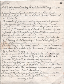 Minutes of a Half Yearly General Meeting held at Trades Hall on August 12th, 1934, detailing officers present, confirmation of previous minutes, passing of accounts, and adoption of the Secretary's report.