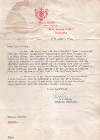 Letter from the S.E.C. Social League dated 31st August, 1944, thanking Miss McCurdy for her spirited action in the "Popular Conductress" Competition, enclosing a cheque for five pounds for the Australian Comforts Fund and the Prisoners of War Fund of the Red Cross Society.