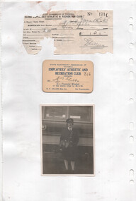 Has a photo of a Conductress, standing in front of a tram. To the upper left of the photograph are two aged documents, one a receipt from the "GEELONG EMPLOYEES' ATHLETIC & RECREATION CLUB" and the other a membership card for the "STATE ELECTRICITY COMMISSION OF VICTORIA EMPLOYEES' ATHLETIC AND RECREATION CLUB."