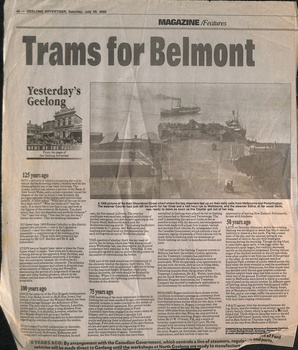 Newspaper clipping headline "Trams for Belmont" above a large image of a steamboat and harbor with smaller articles titled "Yesterday's Geelong" and historical timelines.