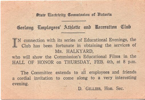 Invitation from the Geelong Employees' Athletic and Recreation Club, part of the State Electricity Commission of Victoria, inviting employees and friends to an educational evening featuring films by Mr. Halkyard in the Hall of Honor on Thursday, February 4th at 8 PM.