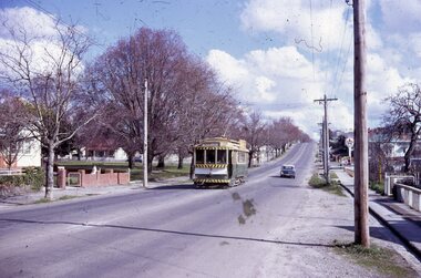 Photograph - Ballarat Tram 21, Tram in Barkly Street with Pearces Park and a Caltex Service Station in the background, 22 August 1971