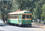 A vintage green and cream streetcar with large windows is moving along a track, with blurred trees and foliage in the background.