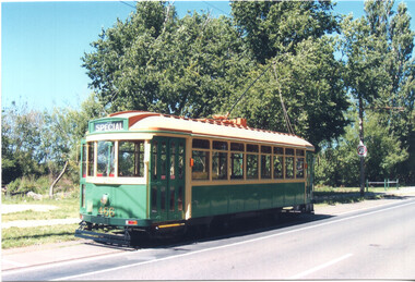A vintage green and cream tram with "SPECIAL" signage on the front sits on tracks beside a road, with lush green trees in the background under a clear sky.