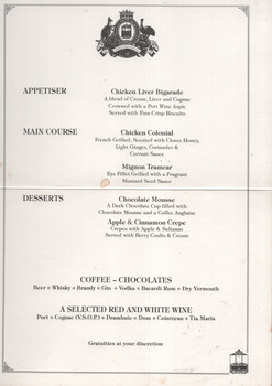 A menu for a formal meal, featuring sections for Appetiser, Main Course, Desserts, Coffee & Chocolates, and Wine, with each item and a brief description.