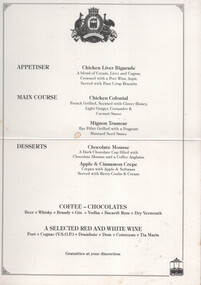 A menu for a formal meal, featuring sections for Appetiser, Main Course, Desserts, Coffee & Chocolates, and Wine, with each item and a brief description.
