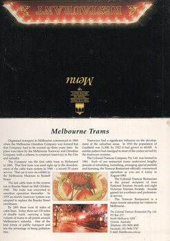 Menu cover for Melbourne Trams featuring ornate text and historical images of trams.